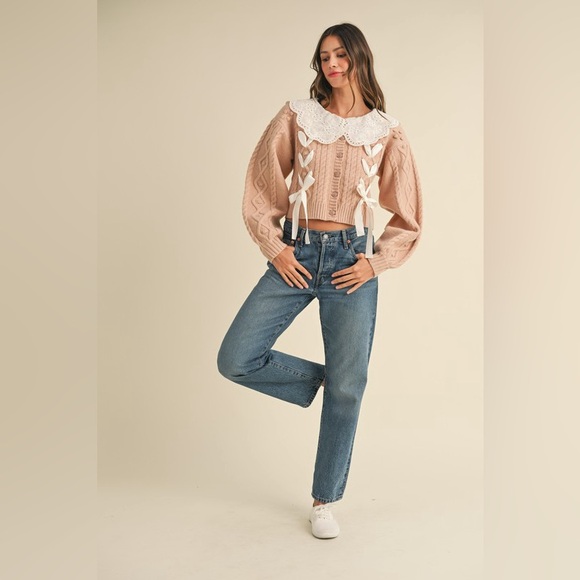 80B. Eyelet Collar Cable Knit Cardigan - Rose - Picture 3 of 12